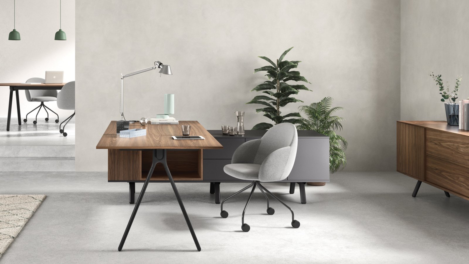 Birouri design Lay de la Archiutti cu blaturi gri deschis și structură roșie