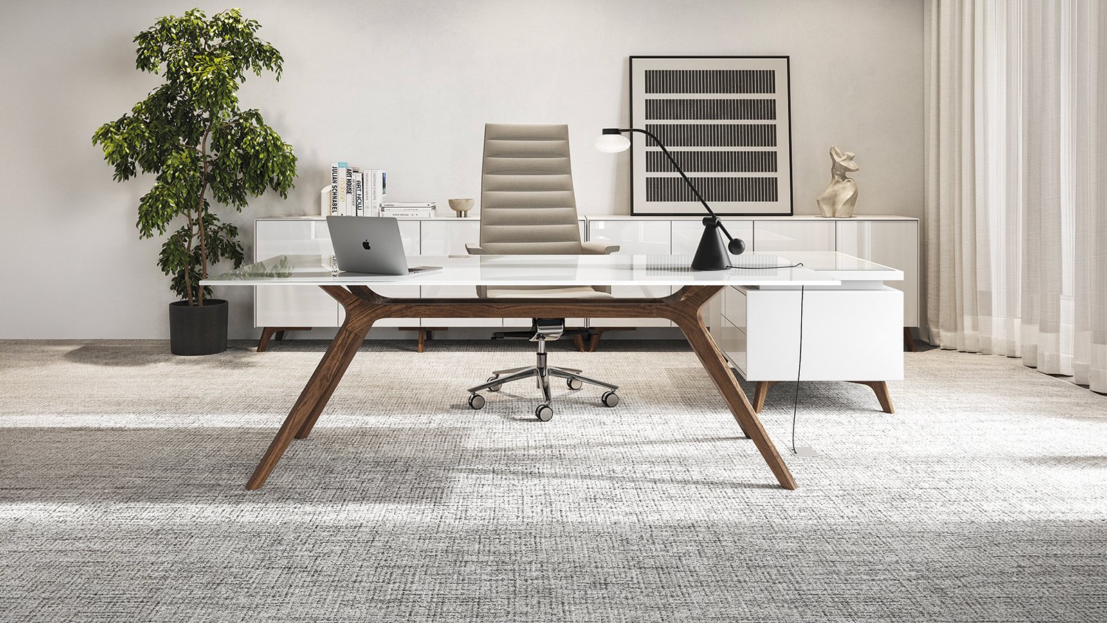 Birou design DR de la Frezza cu structură din lemn masiv lăcuită alb