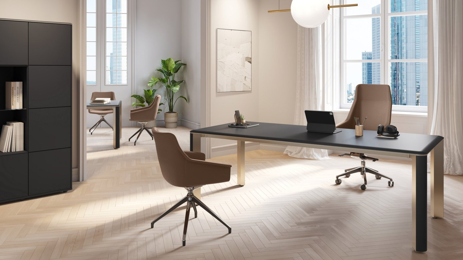 Birou modern de conducere Iulio de la Las Mobili cu picioare de aluminiu Inox Grey și inserție cu aspect de lemn