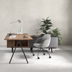 Birouri design Lay de la Archiutti cu blaturi gri deschis și structură roșie