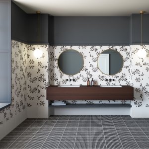 Pardoseală din gres Chymia de la Mutina cu texturi alb-negru