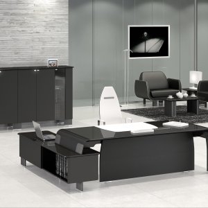 Cabinet de director cu birou AlfaOmega, extensie echipată și bibliotecă cu flancuri curbate