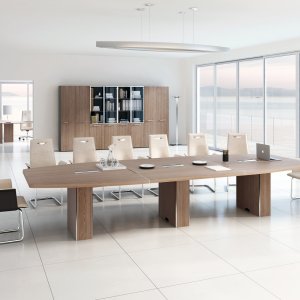 Masă de ședințe eliptică Attiva pentru 14 pe laterale-coloană cu îmbinări cromate