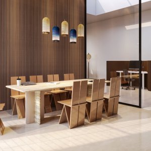 Masă de ședință Ginza de la Codutti cu blat din travertin roman pe două panouri structurale