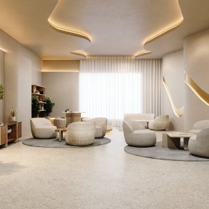 Masa rotundă Ginza cu trei fotolii într-un colț informal