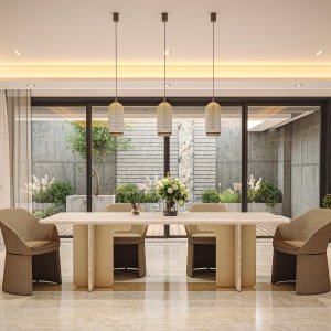 Colț rotunjit al blatului de travertin al mesei Ginza, design Barbieri Magalini