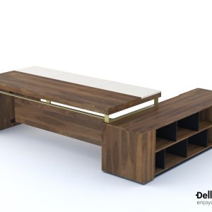 Birou modern Bellagio cu inel din oțel în culoarea alamei sub blat