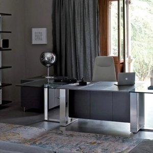 Birou design Altagamma de la Estel din furnir, cu top access în fantă și ramă de aluminiu