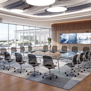 Masă de ședință UniTable de la ICF cu blat furniruit și bază din aluminiu lucios