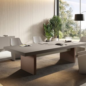 Masă de conferințe Jera de 2800 mm cu suprafață efect de lemn și Flip-Top integrat