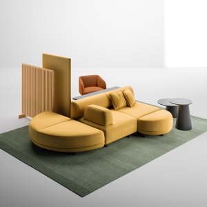 Insula Node+ de 180 × 180 cm cu spătare tapițate într-un hol de birouri