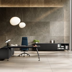 Masă de ședință Énosi cu top-access alb din aluminiu și blat de sticlă