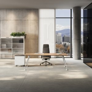 Birou design Énosi Las Mobili cu blat din sticlă Alb Extra și picioare conice cromate