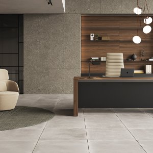 Birou modern Ono din melamină nuc cu structură de aluminiu negru