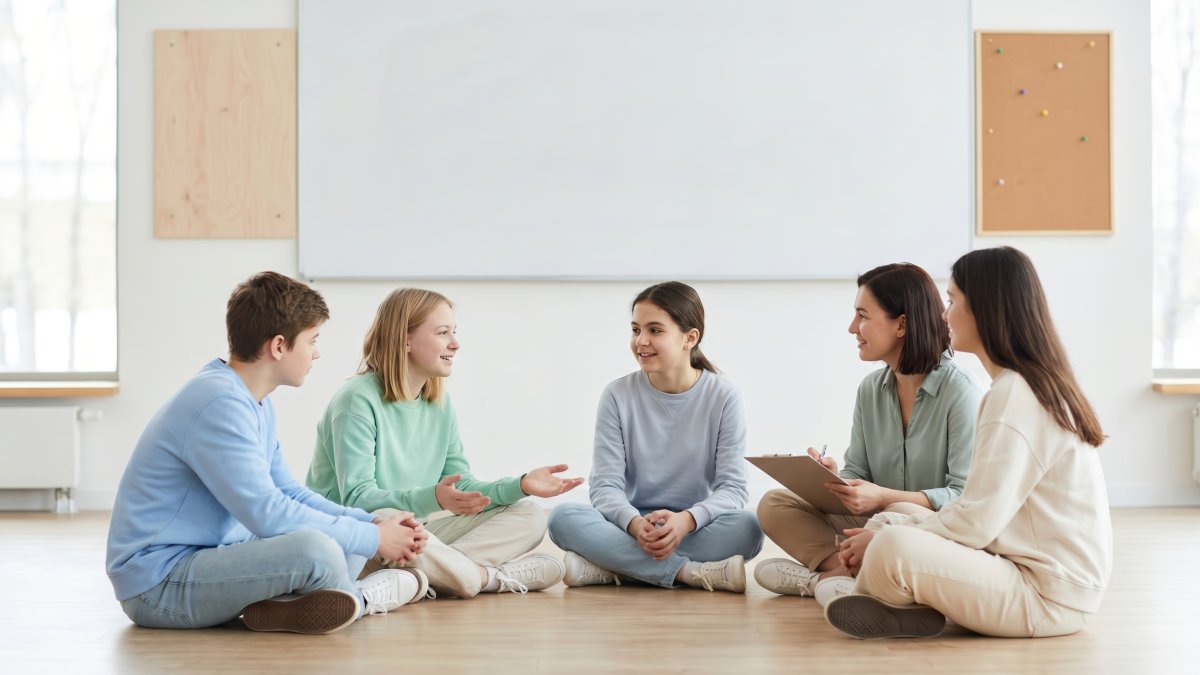 Adolescenți și adulți așezați în cerc pe podeaua unei săli de clasă luminoase, în fața unei table albe